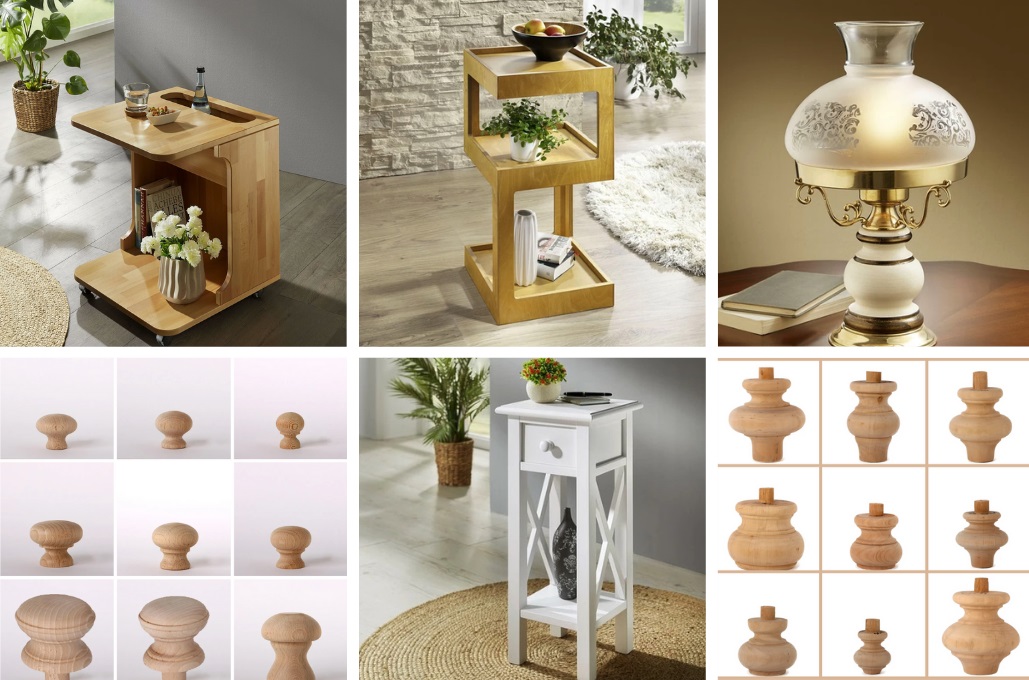 Collage di mobili e accessori in legno, tra cui tavolini, lampade, pomelli e scaffali, per arredare la casa con stile ed eleganza.